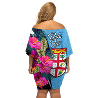 Bula Fiji Vintage Fijian Masi Pattern Off Shoulder Short Dress Blue Unique LT9 - Polynesian Pride