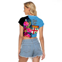 Bula Fiji Vintage Fijian Masi Pattern Raglan Cropped T Shirt Blue Unique LT9 - Polynesian Pride