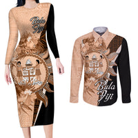 Bula Fiji Vintage Fijian Masi Pattern Couples Matching Long Sleeve Bodycon Dress and Long Sleeve Button Shirt Peach Fuzz Unique LT9 Peach Fuzz - Polynesian Pride