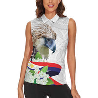 Philippines Eagle and Sampaguita Flowers Women Sleeveless Polo Shirt Polynesian Pattern