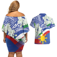 Philippines Flag Couples Matching Off Shoulder Short Dress and Hawaiian Shirt Sampaguita Jasmine with Polynesian Tribal