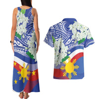Philippines Flag Couples Matching Tank Maxi Dress and Hawaiian Shirt Sampaguita Jasmine with Polynesian Tribal