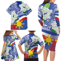 Philippines Flag Family Matching Long Sleeve Bodycon Dress and Hawaiian Shirt Sampaguita Jasmine with Polynesian Tribal