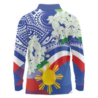 Philippines Flag Long Sleeve Polo Shirt Sampaguita Jasmine with Polynesian Tribal