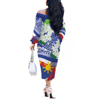 Philippines Flag Off The Shoulder Long Sleeve Dress Sampaguita Jasmine with Polynesian Tribal