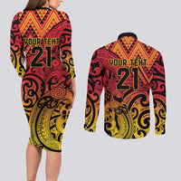 New Zealand Rangatira Custom Couples Matching Long Sleeve Bodycon Dress and Long Sleeve Button Shirt Red and Gold Niho Taniwha Maori Tribal