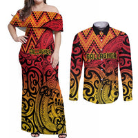 New Zealand Rangatira Custom Couples Matching Off Shoulder Maxi Dress and Long Sleeve Button Shirt Red and Gold Niho Taniwha Maori Tribal