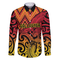 New Zealand Rangatira Custom Family Matching Off The Shoulder Long Sleeve Dress and Hawaiian Shirt Red and Gold Niho Taniwha Maori Tribal LT9 Dad's Shirt - Long Sleeve Gold - Polynesian Pride