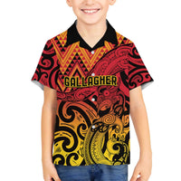 New Zealand Rangatira Custom Family Matching Off The Shoulder Long Sleeve Dress and Hawaiian Shirt Red and Gold Niho Taniwha Maori Tribal LT9 Son's Shirt Gold - Polynesian Pride