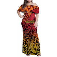 New Zealand Rangatira Custom Family Matching Off Shoulder Maxi Dress and Hawaiian Shirt Red and Gold Niho Taniwha Maori Tribal
