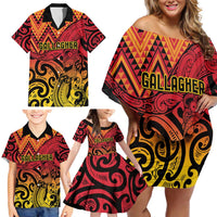 New Zealand Rangatira Custom Family Matching Off Shoulder Short Dress and Hawaiian Shirt Red and Gold Niho Taniwha Maori Tribal