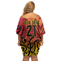 New Zealand Rangatira Custom Family Matching Off Shoulder Short Dress and Hawaiian Shirt Red and Gold Niho Taniwha Maori Tribal