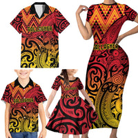 New Zealand Rangatira Custom Family Matching Short Sleeve Bodycon Dress and Hawaiian Shirt Red and Gold Niho Taniwha Maori Tribal