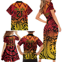 New Zealand Rangatira Custom Family Matching Short Sleeve Bodycon Dress and Hawaiian Shirt Red and Gold Niho Taniwha Maori Tribal