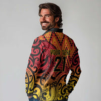 New Zealand Rangatira Custom Long Sleeve Polo Shirt Red and Gold Niho Taniwha Maori Tribal