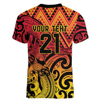 New Zealand Rangatira Custom Women V-Neck T-Shirt Red and Gold Niho Taniwha Maori Tribal