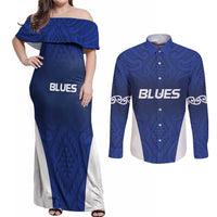 New Zealand Rugby Pacific Custom Couples Matching Off Shoulder Maxi Dress and Long Sleeve Button Shirt Kahurangi Auckland All Blue