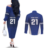 New Zealand Rugby Pacific Custom Couples Matching Off The Shoulder Long Sleeve Dress and Long Sleeve Button Shirt Kahurangi Auckland All Blue