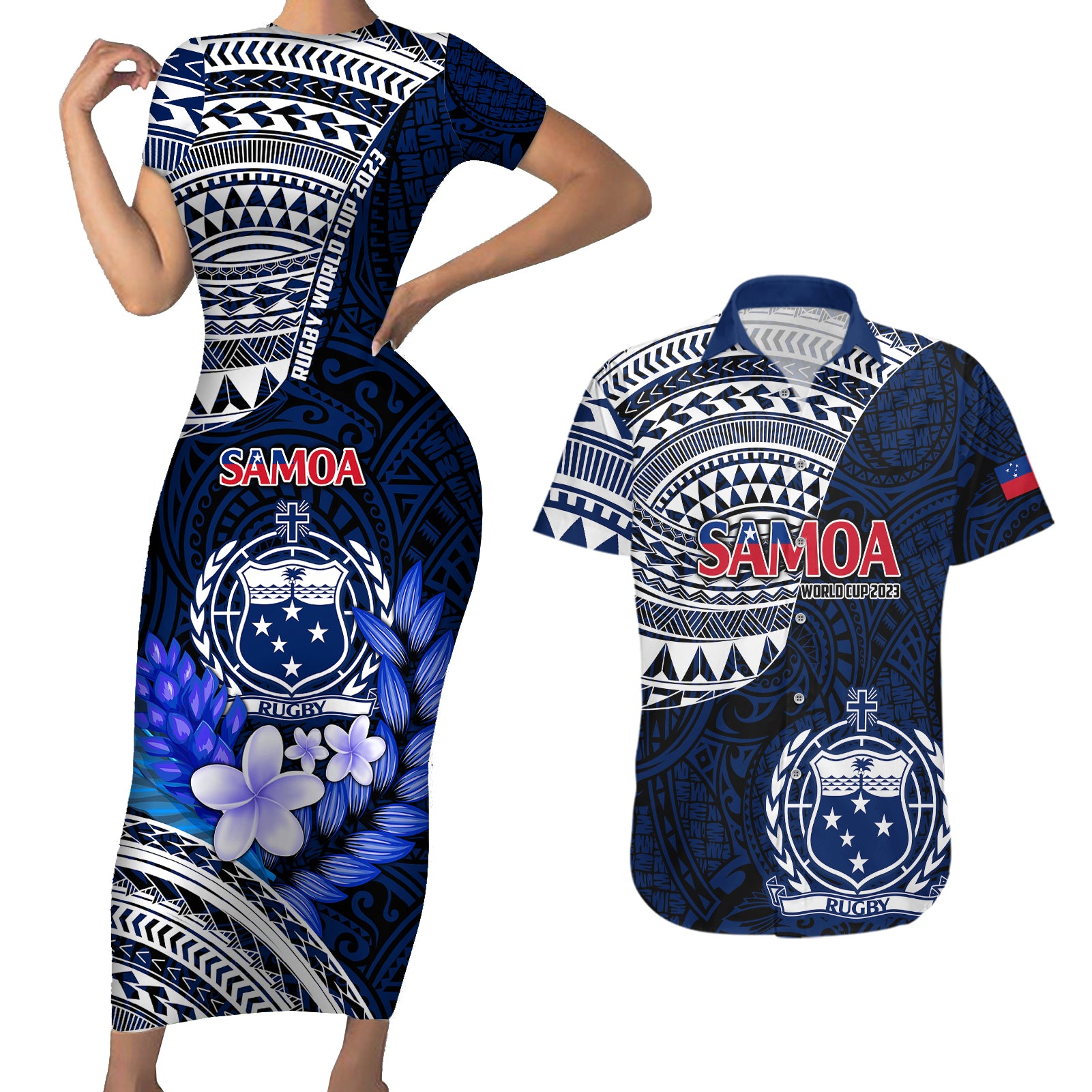 Samoa Rugby Couples Matching Short Sleeve Bodycon Dress and Hawaiian Shirt Proud Samoa World Cup 2023 LT9 Blue - Polynesian Pride