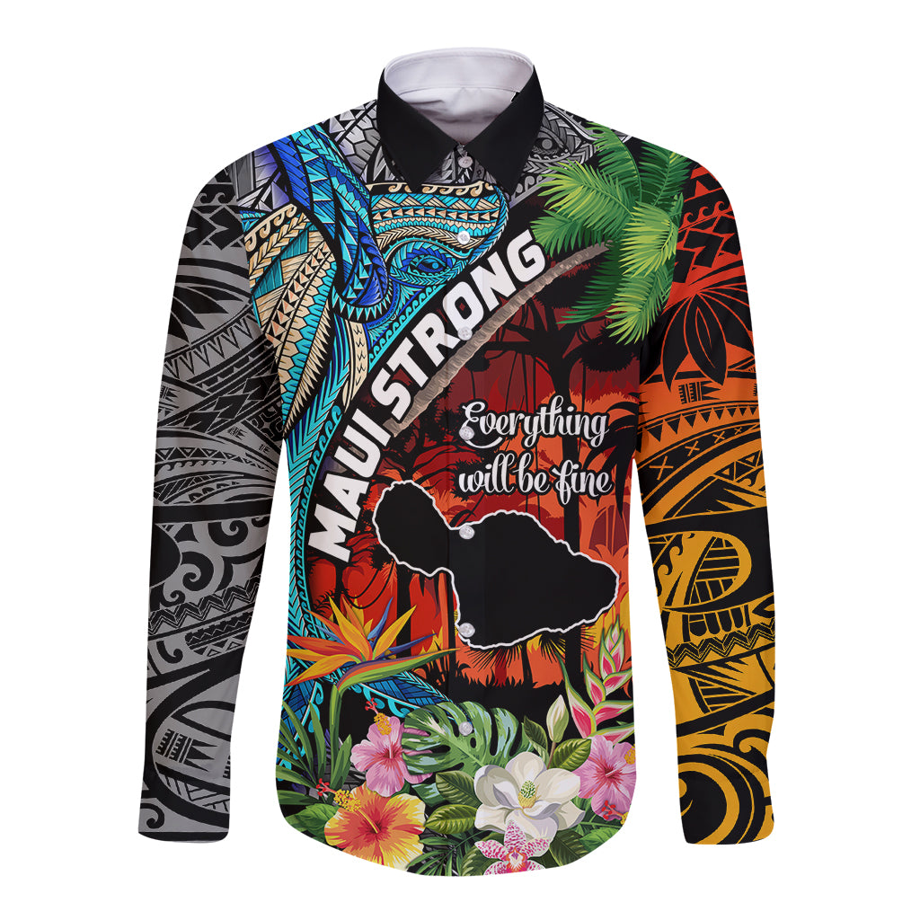 Hawaii Strong Maui Wildfire Long Sleeve Button Shirt Pray For Lahaina Maui LT9 Unisex Black - Polynesian Pride
