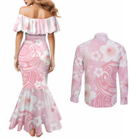 Japan Sakura Floral with Polynesian Vibe Couples Matching Mermaid Dress and Long Sleeve Button Shirt