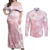 Japan Sakura Floral with Polynesian Vibe Couples Matching Off Shoulder Maxi Dress and Long Sleeve Button Shirt