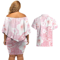 Japan Sakura Floral with Polynesian Vibe Couples Matching Off Shoulder Short Dress and Hawaiian Shirt
