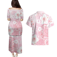 Japan Sakura Floral with Polynesian Vibe Couples Matching Puletasi and Hawaiian Shirt