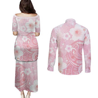 Japan Sakura Floral with Polynesian Vibe Couples Matching Puletasi and Long Sleeve Button Shirt