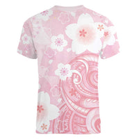 Japan Sakura Floral with Polynesian Vibe Women V-Neck T-Shirt