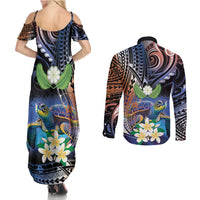 Marshall Islands Kwajalein Atoll Couples Matching Summer Maxi Dress and Long Sleeve Button Shirt Plumeria Sea Turtle with Polynesian Tribal