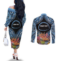 Personalised Nukuoro Micronesia Atoll Couples Matching Off The Shoulder Long Sleeve Dress and Long Sleeve Button Shirt with Pacific Coral Reef