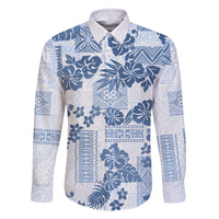 Vintage Hawaii Family Matching Long Sleeve Bodycon Dress and Hawaiian Shirt Hibiscus Tapa Tribal With Hawaiian Quilt Pattern Blue LT9 Dad's Shirt - Long Sleeve Blue - Polynesian Pride