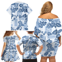 Vintage Hawaii Family Matching Off Shoulder Short Dress and Hawaiian Shirt Hibiscus Tapa Tribal With Hawaiian Quilt Pattern Blue LT9 - Polynesian Pride