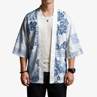 Vintage Hawaii Kimono Hibiscus Tapa Tribal With Hawaiian Quilt Pattern Blue - Polynesian Pride