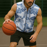 Vintage Hawaii Sleeveless Zip Hoodie Hibiscus Tapa Tribal With Hawaiian Quilt Pattern Blue - Polynesian Pride