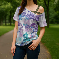 Vintage Hawaii Cross Shoulder Shirt Hibiscus Tapa Tribal With Hawaiian Quilt Pattern Purple - Polynesian Pride