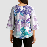 Vintage Hawaii Kimono Sleeve Blouse Hibiscus Tapa Tribal With Hawaiian Quilt Pattern Purple - Polynesian Pride