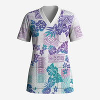 Vintage Hawaii Scrub Top Hibiscus Tapa Tribal With Hawaiian Quilt Pattern Purple - Polynesian Pride