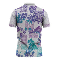 Vintage Hawaii Zipper Polo Shirt Hibiscus Tapa Tribal With Hawaiian Quilt Pattern Purple - Polynesian Pride