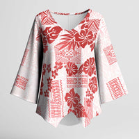 Vintage Hawaii Kimono Sleeve Blouse Hibiscus Tapa Tribal With Hawaiian Quilt Pattern Red - Polynesian Pride