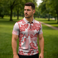 Vintage Hawaii Zipper Polo Shirt Hibiscus Tapa Tribal With Hawaiian Quilt Pattern Red - Polynesian Pride