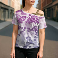 Vintage Hawaii Cross Shoulder Shirt Hibiscus Tapa Tribal With Hawaiian Quilt Pattern Violet - Polynesian Pride