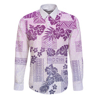 Vintage Hawaii Family Matching Off Shoulder Short Dress and Hawaiian Shirt Hibiscus Tapa Tribal With Hawaiian Quilt Pattern Violet LT9 Dad's Shirt - Long Sleeve Violet - Polynesian Pride