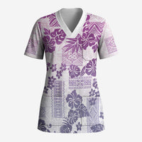 Vintage Hawaii Scrub Top Hibiscus Tapa Tribal With Hawaiian Quilt Pattern Violet - Polynesian Pride