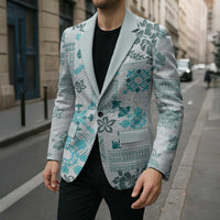 Hawaii Tapa Tribal Blazer With Hawaiian Quilt Pattern Aqua - Polynesian Pride
