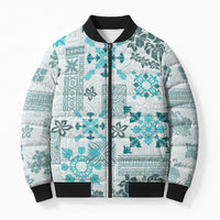 Hawaii Tapa Tribal Bomber Puffer Jacket With Hawaiian Quilt Pattern Aqua LT9 Unisex Aqua - Polynesian Pride