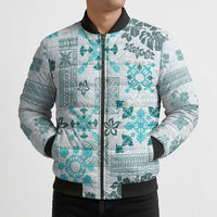 Hawaii Tapa Tribal Bomber Puffer Jacket With Hawaiian Quilt Pattern Aqua LT9 - Polynesian Pride