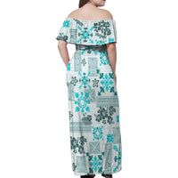 Hawaii Tapa Tribal Family Matching Off Shoulder Maxi Dress and Hawaiian Shirt With Hawaiian Quilt Pattern Aqua LT9 - Polynesian Pride