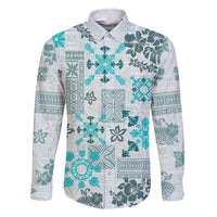 Hawaii Tapa Tribal Family Matching Off Shoulder Short Dress and Hawaiian Shirt With Hawaiian Quilt Pattern Aqua LT9 Dad's Shirt - Long Sleeve Aqua - Polynesian Pride